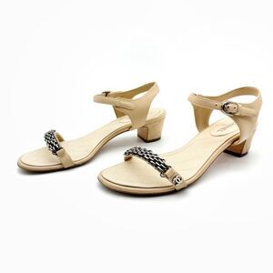 CHANEL Beige Chain Ankle Strap Heels Size 38 Interlocking Pearl CC Logo Sandals
